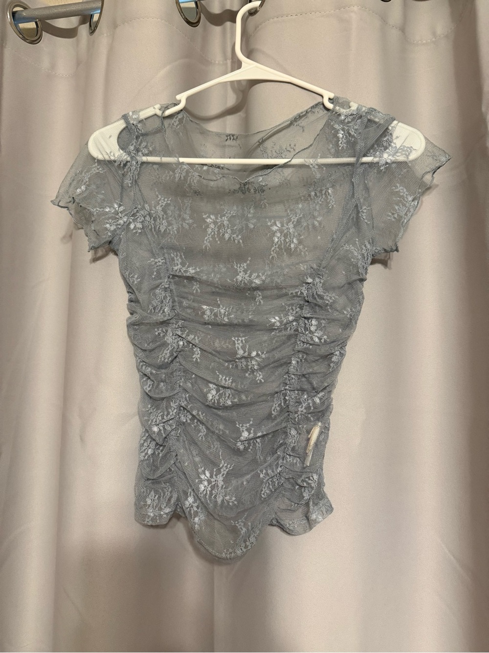 Listicle Sheer Lace Ruched Cap-Sleeve Top - Light Blue NWOT